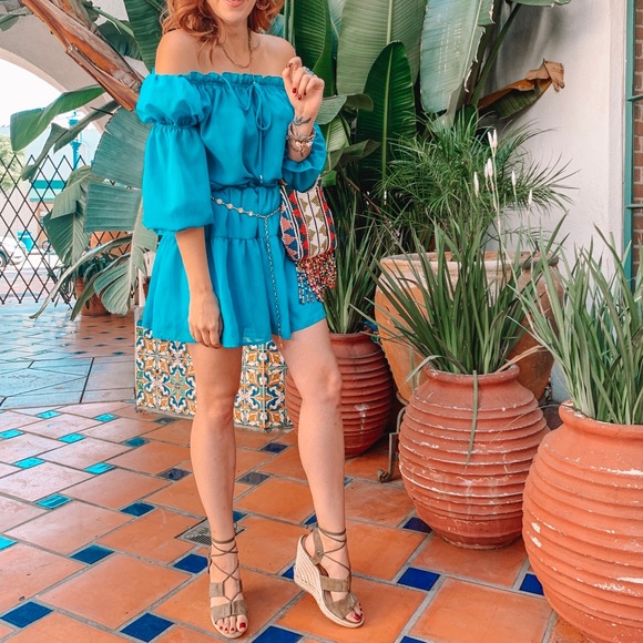 lucy in the sky store Dresses & Skirts - Teal Off-the-shoulder Dress with Elastic Waist